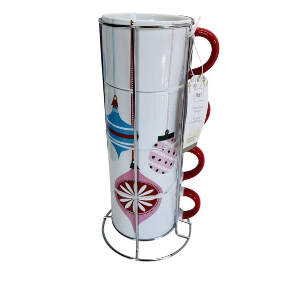 Pier One Stacking Mug Set on Stand Christmas Ornaments Red Handles Stoneware - Picture 1 of 9